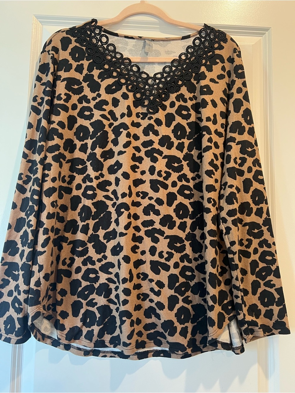 Leopard Print Long Sleeve V-Neck Top - Tan and Black with Decorative Trim Neck